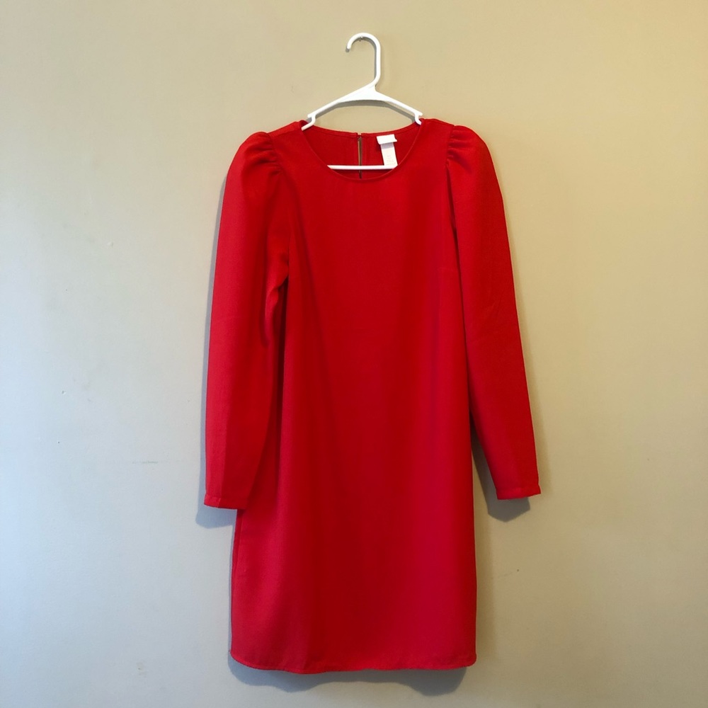 NWT Red H&M Dress Size Small Long Sleeve Puffy Shoulder